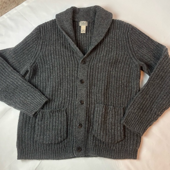 LL Bean Classic Ragg Wool Cardigan Sweater Lambswool Shawl Collar